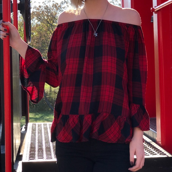 Red Plaid Off The Shoulder Top Factory 